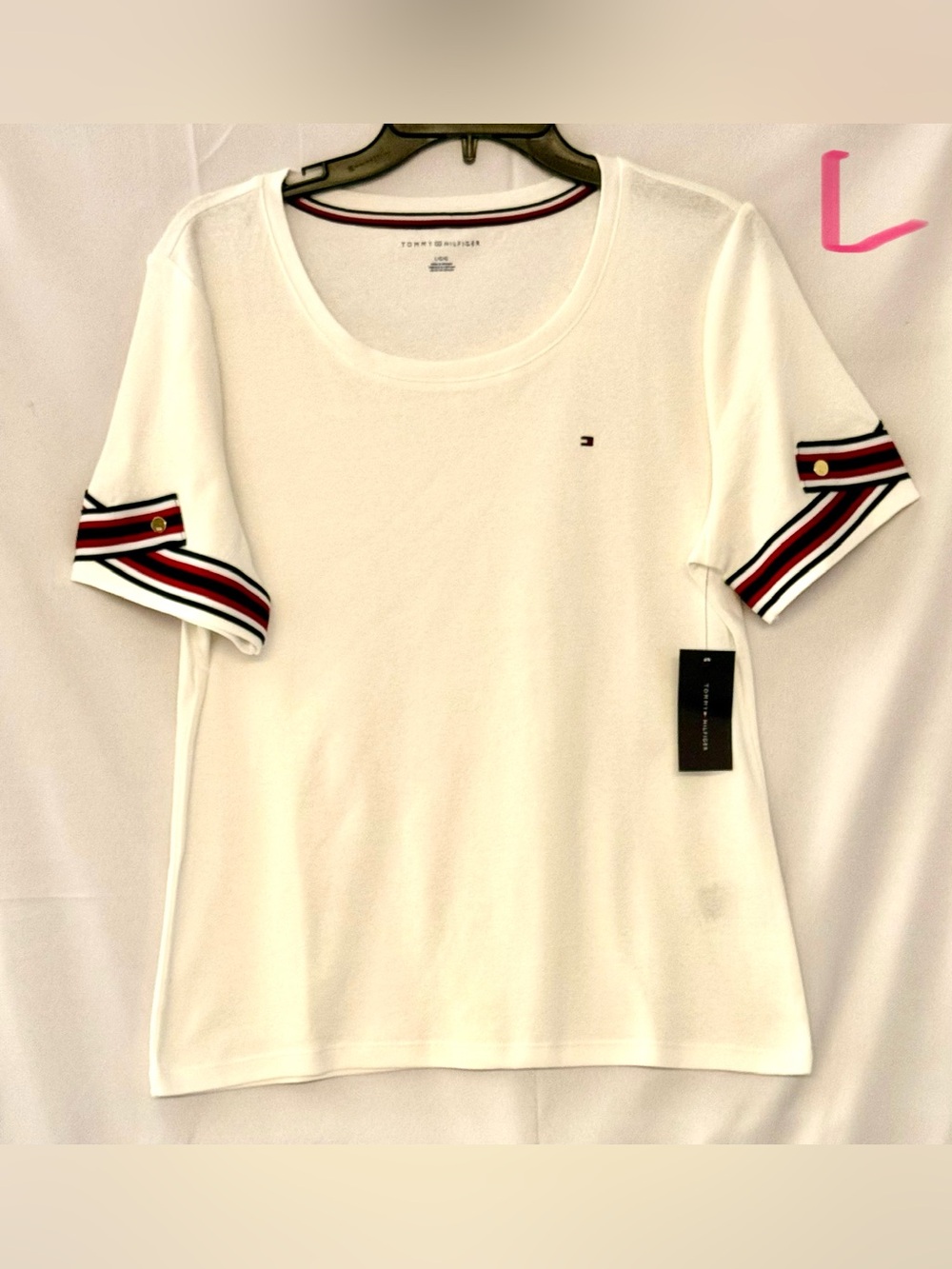Tommy Hilfiger White Scoop Neck Tee with Navy and Red Stripe Sleeve Tabs